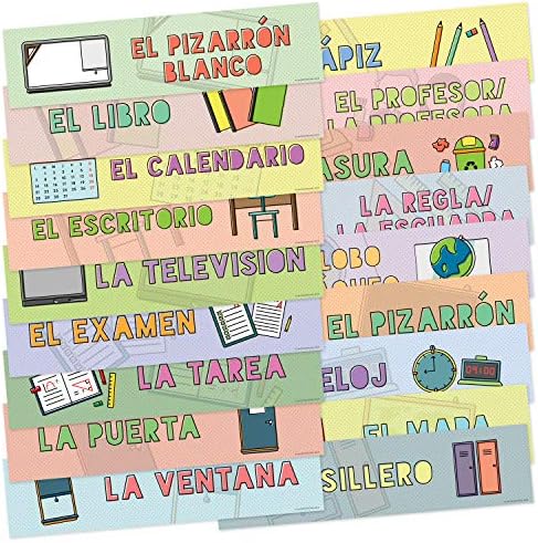 Rótulos do idioma espanhol Quarterhouse para o conjunto de rótulos comuns de itens em sala de aula, espanhol - materiais de aprendizagem