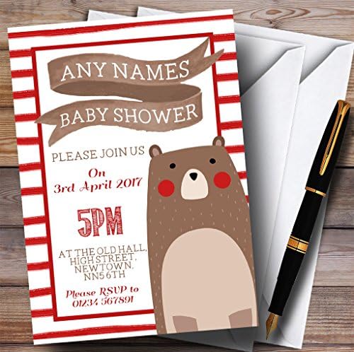 Red Stripes Teddy Bear convites convites do chá de bebê