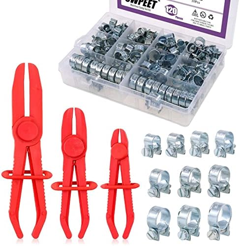 Swpeet 120pcs 10 tamanhos de zinco mini kit de sortimento de mangueira de estilo de injeção de combustível e 3pcs Grampos de linhas vermelhas kit de alfinetes de mangueira flexível