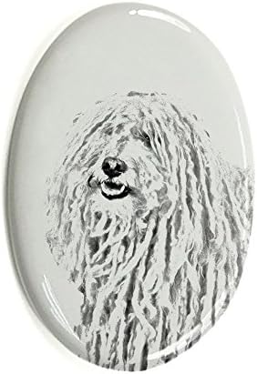 Puli, lápide oval de azulejo de cerâmica com uma imagem de um cachorro