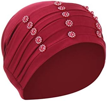 Feio de pérola étnica feminina Hat de Pearl Hat Soft Comfy Muslim Head embrulha mulheres elásticas de cor sólida Cancer Headwear