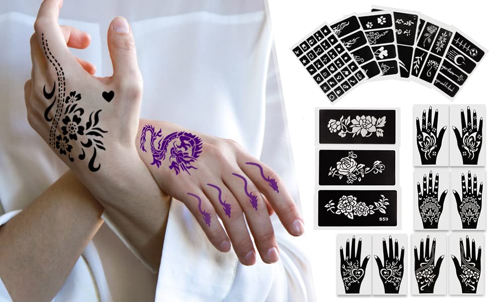 Qullue henna tatuagem kit de estêncils 、 kit de henna kit autoadesivo mofo, flores e outros motivos são adequados para mulheres,