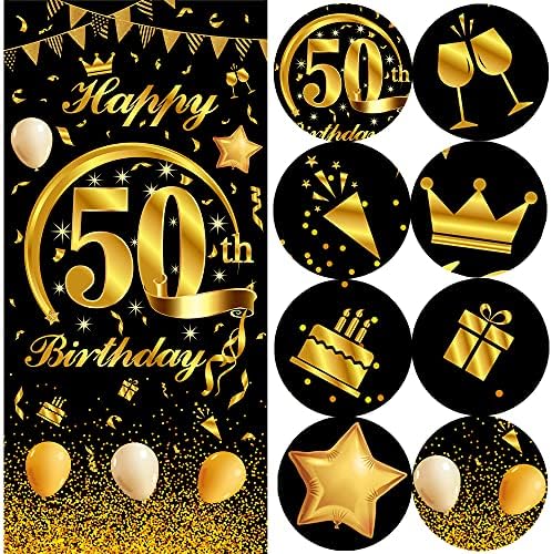 Mocossmy Feliz Banner de porta de aniversário de 50 anos, grande preto e dourado por porta de feliz aniversário capa da varanda