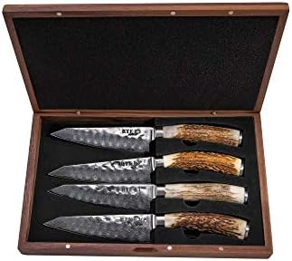 Rota 83 Assinatura O conjunto Wagyu de 4 facas de bife marteladas feitas à mão Damascus aço inoxidável Handles de chifres naturais