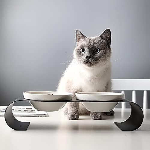 Luhio Cat and Dog Bowl, gato de cerâmica e tigela de cachorro com suporte de ferro, pratos de gato de 13,5 onças, seu papel é proteger a espinha de gatos e cães