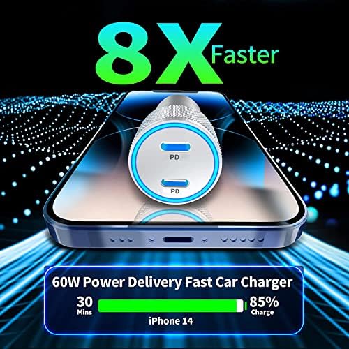[Apple MFI Certified] IPhone Fast Car Charger, carregador de carro rápido USB-C de 60w, adaptador de entrega de energia do corpo All-Metal com 2 pacote de pacote C para um cabo de carregamento rápido para iPhone/iPad/AirPods