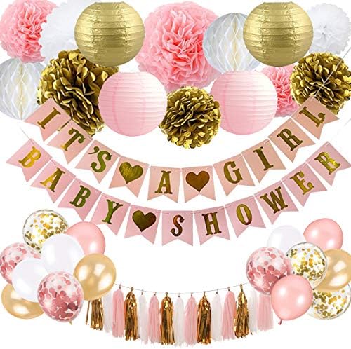 Decorações do chá de bebê para menina - decoração de chá de bebê rosa e dourado é uma faixa de chá de bebê e chá de bebê com lanterna de papel Flores Flores Honeycomb Ball Balloons