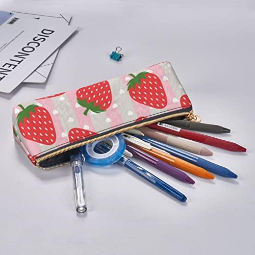 DCARSETCV Pink Strawberry Lápis Case fofa de caneta de capa triângulo de couro para bolsa de lápis de bolsa de lápis para adultos adolescentes meninos da escola adolescente meninos