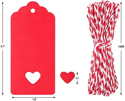 Tags de presentes, 100 PCs Red Kraft Paper Tags de presente com corda de 100 pés grátis para presentes de Natal Favores de casamento Art Craft