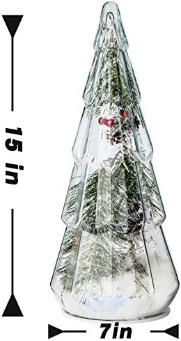 Costaleen 2pcs Conjunto de enfeites de Natal, Torre de 15 polegadas de vidro em forma de vidro árvore de natal decoração de neve artificial com luzes LED, Decoração de mesa em casa Presente festivo
