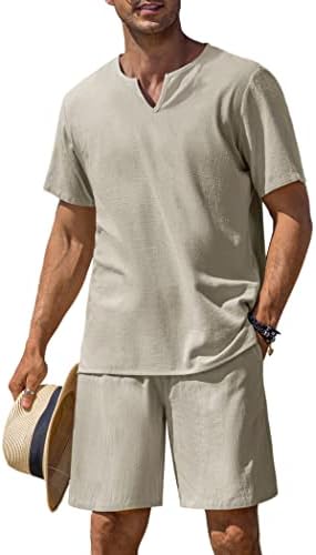 Coofandy masculino de linho de algodão de 2 peças de algodão Henley Manga curta e shorts de praia casual Roupas de ioga de verão