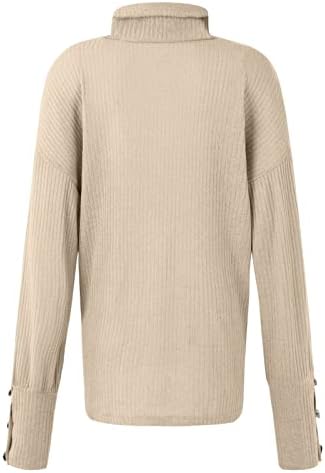 Suéteres de inverno feminino Turtleneck Top Pullover solto botão para cima de manga comprida Camisa de fundo de malha de cor sólida