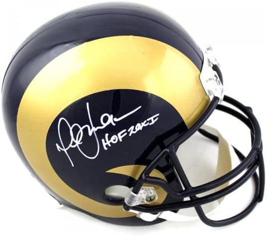 Marshall Faulk assinou o capacete atual de Los Angeles Rams com inscrição HOF 20XI - Capacetes NFL autografados