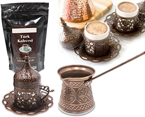Copper Color Turkish Coffee Serviing Conjunto - 8 PCs - Com 2 xícaras de café - 2 xícaras de porcelana Bandeja de pires de 6