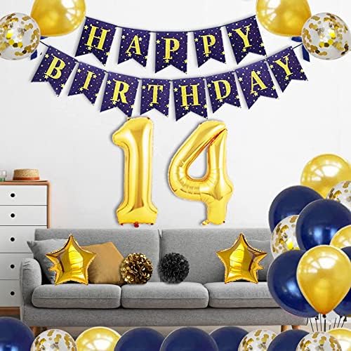 Yujiaonly 14º aniversário decorações de festa Banner de aniversário feliz número de ouro 14º balões feliz aniversário LATEX