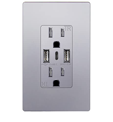 TopGreener Usb Outlet, saída de parede USB de 3 portas, plugue de receptáculo resistente a 15 amp, saída de energia