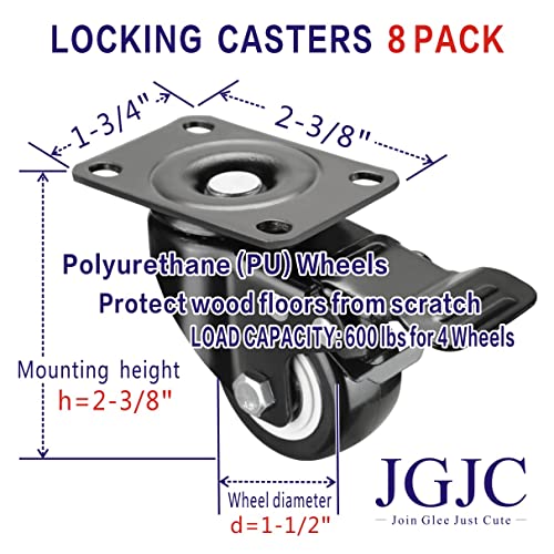JGJC Casters 8 rodas giratórias com freio, rodas de mamona de 1,5 polegada com placa superior de 360 ​​graus, rolamento
