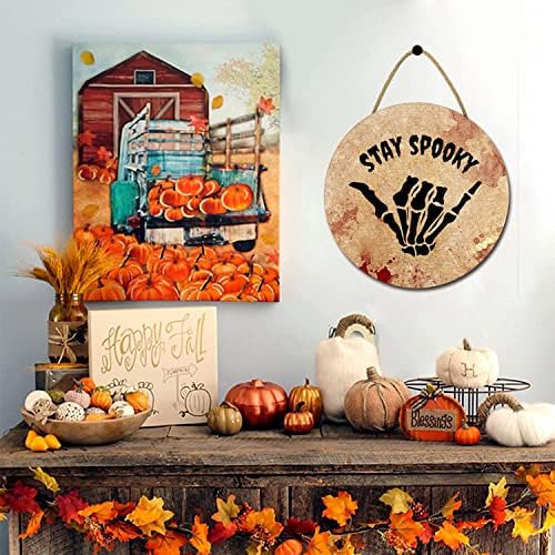Sokomurg Stay Spoky Halloween Decoração de Halloween Sinal para a porta da frente Round Wood Sinping Solfing Grinalh para