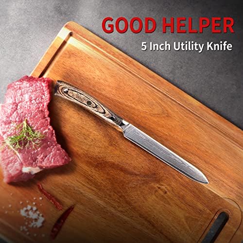 Faca utilitária de cozinha damasco de 5 polegadas, faca universal para carne, frutas, vegetais, faca de aço inoxidável de
