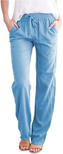 Calça de linho Kcjgikpok Mulheres verão, calça linear de linho de gistos largos e com cintura larga com calças de linho com bolsos de lounge