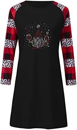 Vestido de camiseta de Natal de Ruziyoog para mulheres vidro de vinho tinto Rhinestone Print Mini Swing Dress Flowy Loose