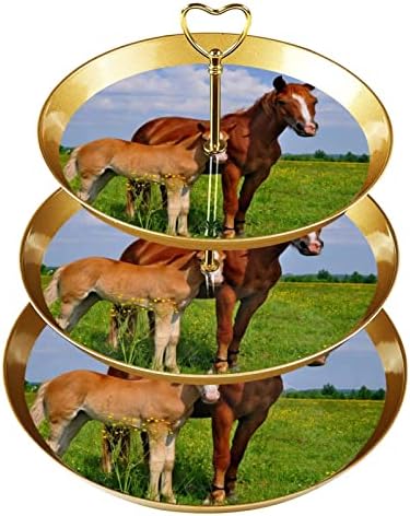 Bolo Stand Conjunto de 3 cupcakes de camada Stands Plates de pastelaria reutilizáveis ​​para decorações de festas de chá de aniversário de casamento, animais de pradaria dos cavalos