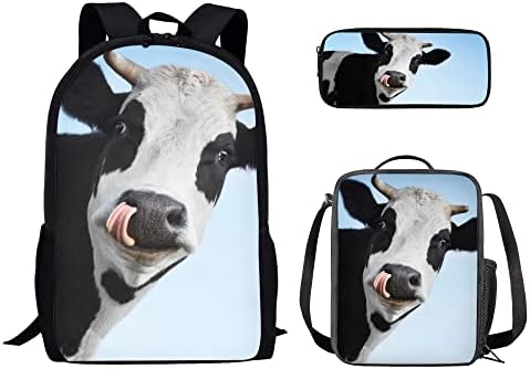 Toaddmos Kids Backpack Cow Animal de 17 polegadas School Bookbag com lanchone