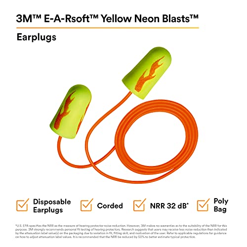 Plugues de ouvido de 3m, 200/caixa, e-a-rsoft amarelo neon explosões 311-1252, com fio, descartável, espuma, nrr 33,