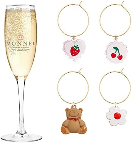 Monnel P552 Little Cherry Morwberry Flower and Bear Wine Charms Markers Tags para decorações de festas com bolsa de veludo-