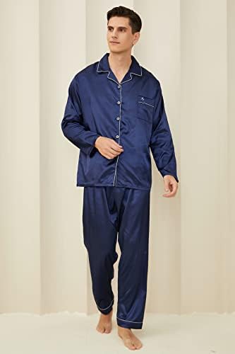 Pijama de cetim masculino de Fenteng Conjunto de roupas de dormir de manga comprida