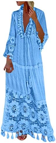 Adhowbew feminino casual manga longa v vestido de renda boho maxi