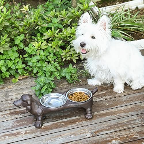 Mygift rústico pesado ferro fundido dachshund em forma de cães elevados alimentos e tigelas de água alimentador de animais de estimação com 2 tigelas de aço inoxidável removível
