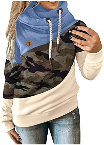 Moletas de tamanho longo de tamanho grande para mulheres Camuflagem Contraste Com capuzes de emenda de queda de bolso de bolso casual blusas