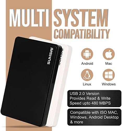 Suhsai Portable 100 GB de disco rígido externo, armazenamento de backup de HDD com transferência de dados rápida USB 2.0, disco rígido Ultra Slim & Light 2.5 ”compatível com PC, Mac, janela, laptop e desktop