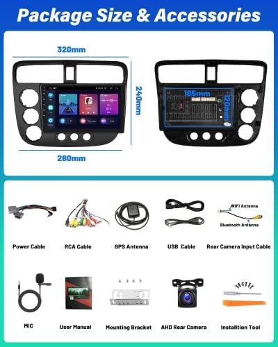 2g+32g para o rádio Honda Civic 2001-2005, Hikity Android 11 Carta sem fio Apple CarPlay Android Android, 9 polegadas