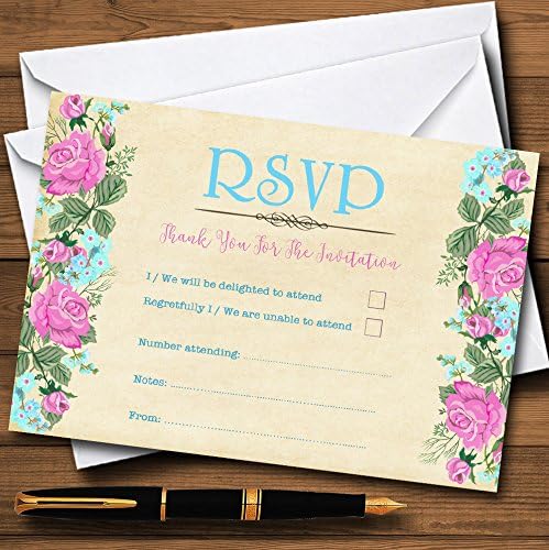 Cartões RSVP personalizados rosa e azul vintage