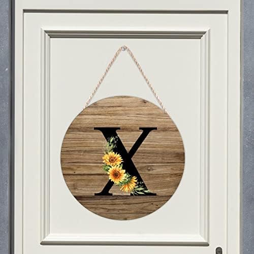 Bolsa de boas -vindas letreiro para a porta letra inicial x sinais de madeira redonda Monograma de girassol em madeira floral