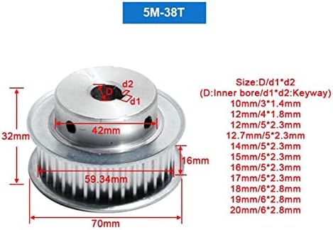 Polia Zhaonan-Timing Htd5m-38t Polia de tempo, 8/10/12/12.7/14/15/16/17/19/20mm, para largura de correia 15mm/20mm, liga de alumínio,