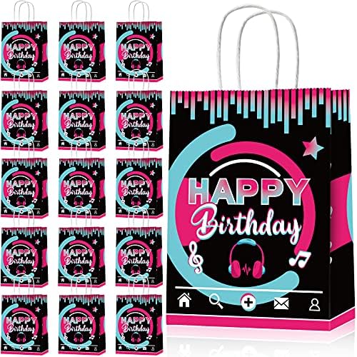 16 peças Party Music Kraft Paper Gift Sachs, Feliz Aniversário Candy Goodie Treat Party Sacos com alça para crianças Mídias sociais Decorações de festas de festa