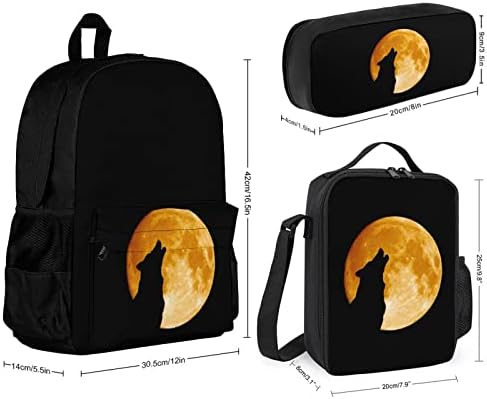 Mochilas de lobo uivante na lua sets para viagens escolares pindeias de tacos de bookbag com lancheira e caixa de lápis