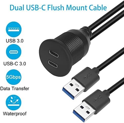 Qianrenon duplo USB C a USB 3.0 Adaptador de cabos à prova d'água de montagem robusta, 2 USB 3.0 Male a 2 USB C Cabo de extensão