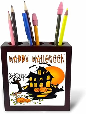 3drose happy halloween assombrado casa negra e abóboras - titulares de caneta de azulejo
