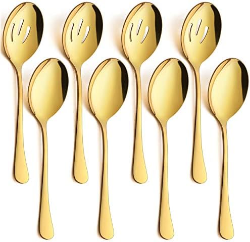 Lianyu 8 Pack Gold Serving Spoons, Gold Slotted Serving Spoons, 8 3/4 de polegada de aço inoxidável Utensílios de porção