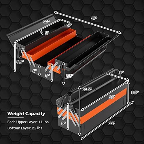 Nightcore 27 ”x 21” x 8,5 ”Caixa de ferramentas de metal, caixa de ferramentas cantilever de 5 bandejas com 3 níveis dobrados