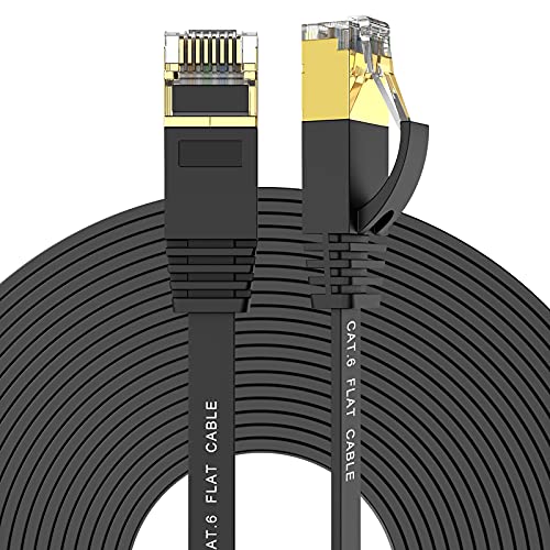 ERCIELOOK CAT 6 Cabo Ethernet 100 pés de alta velocidade, Black Flat Internet Cable com conectores RJ45, mais rápido que Cat5e Cat5