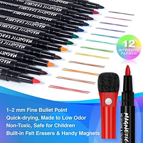Marcadores de apagamento seco magnético Fino: 12 cores Aperfera os marcadores de quadro branco com tampa de borracha, canetas