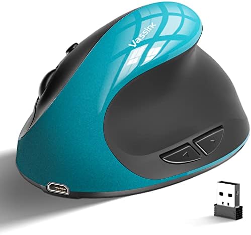 Mouse ergonômico de vassink, mouse de mouse sem fio recarregável com o mouse pequeno com 6 botões 3 ajustável 800/1200/1600