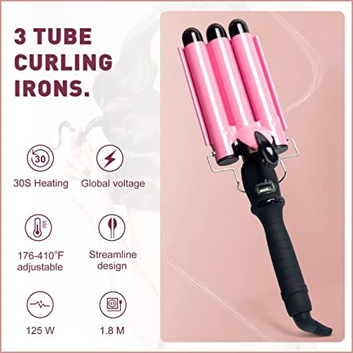 Awhoas de 25 mm de onda de onda, 3 barril de curling de ferro, cabelos rosa vacilante anti-escaldição em barril de