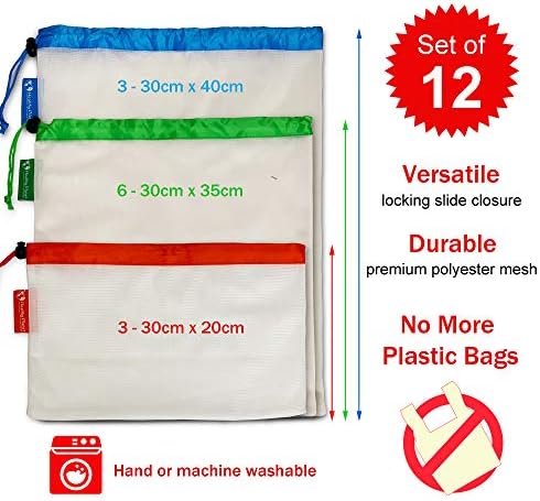 Soluções de Planeta Saudáveis ​​Bolsas de Malha Reutilizável com cordão - Conjunto de 12 | Eco amigável para a roupa