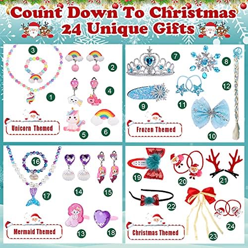 Calendário do advento JHKIM para meninas - 2022 Calendário para crianças por 24 dias Count Christmas Count Down Jewelry Gifts, Bracelet Girl, colares, Princess Crown e outros acessórios para o cabelo